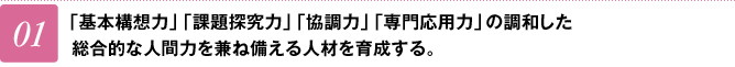 01 「基本構想力」「課題探究力」「協調力」「専門応用力」の調和した総合的な人間力を兼ね備える人材を育成する。