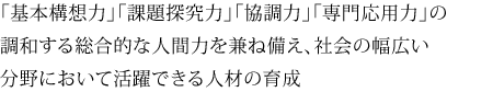 「基本構想力」「課題探究力」「協調力」「専門応用力」の調和する総合的な人間力を兼ね備え、社会の幅広い分野において活躍できる人材の育成