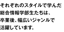 それぞれのスタイルで学んだ総合情報学部生たちは、卒業後、幅広いジャンルで活躍しています。