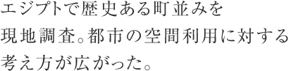 エジプトで歴史ある町並みを現地調査。都市の空間利用に対する考え方が広がった。