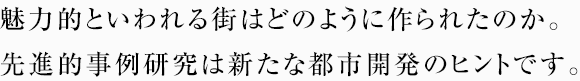 魅力的といわれる街はどのように作られたのか。先進的事例研究は新たな都市開発のヒントです。