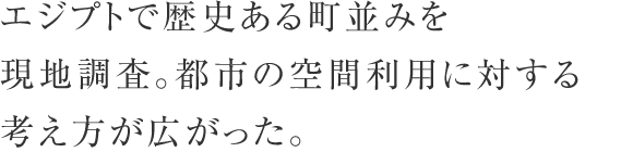 エジプトで歴史ある町並みを現地調査。都市の空間利用に対する考え方が広がった。