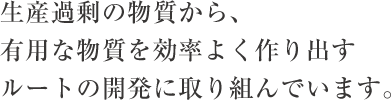 生産過剰の物質から、有用な物質を効率よく作り出すルートの開発に取り組んでいます。