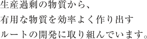 生産過剰の物質から、有用な物質を効率よく作り出すルートの開発に取り組んでいます。