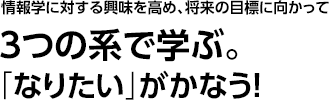 情報学に対する興味を高め、将来の目標に向かって3つの系で学ぶ。「なりたい」がかなう！