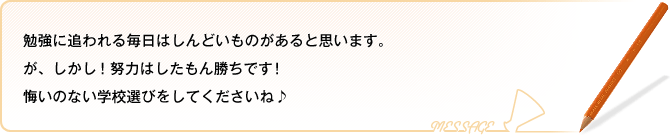 勉強に追われる毎日はしんどいものがあると思います。 が、しかし！努力はしたもん勝ちです！ 悔いのない学校選びをしてくださいね♪