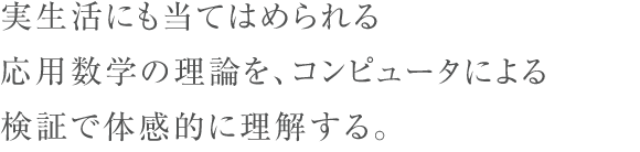 実生活にも当てはめられる応用数学の理論を、コンピュータによる検証で体感的に理解する。