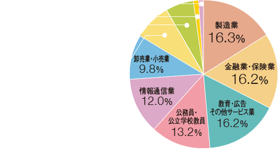 製造業:16.3%/金融業・保険業:16.2%/教育・広告・その他サービス業:16.2%/公務員・公立学校教員:13.2%/情報通信業:12.0%/卸売業・小売業:9.8%/運輸業・郵便業:8.1%/建設業:6.0%/不動産業・物品賃貸業:1.3%/電気・ガス・熱供給・水道業:0.9%