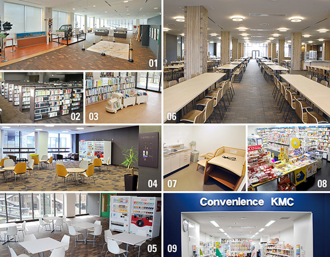 01 Museum of Safety / 02 Muse University Library / 03 Kids’ Library / 04 Lifelong Learning Center (Café Exchange Salon) / 05 Muse Café / 06 Restaurant “Muse” / 07 Nursing Room / 08 Book Center / 09 Convenience Store