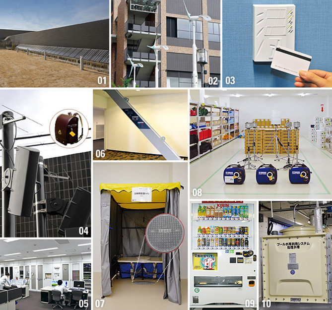 01 Solar power generation panels / 02 Wind power generators / 03 Entry management system (Electronic lock) / 04 IC tag detection sensor / 05 Disaster prevention center / 06 Buckling supplementary brace / 07 Manhole toilet for disasters / 08 Storage warehouse for disasters / 09 Disaster-responsive vending machine / 10 Treatment tank of water purification system for pool