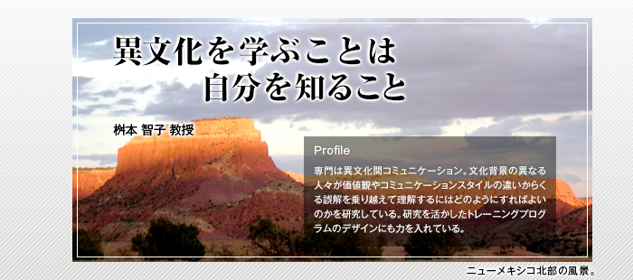 異文化を学ぶことは 自分を知ること
桝本 智子 教授
Profile
「専門は異文化間コミュニケーション。文化背景の異なる人々が価値観やコミュニケーションスタイルの違いからくる誤解を乗り越えて理解するにはどのようにすればよいのかを研究している。研究を活かしたトレーニングプログラムのデザインにも力を入れている。」