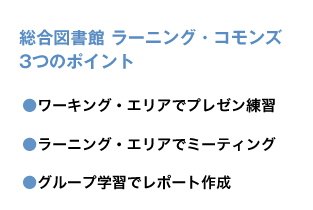 総合図書館 ラーニング・コモンズ3つのポイント
●ワーキング・エリアでプレゼン練習
●ラーニング・エリアでミーティング
●グループ学習でレポート作成