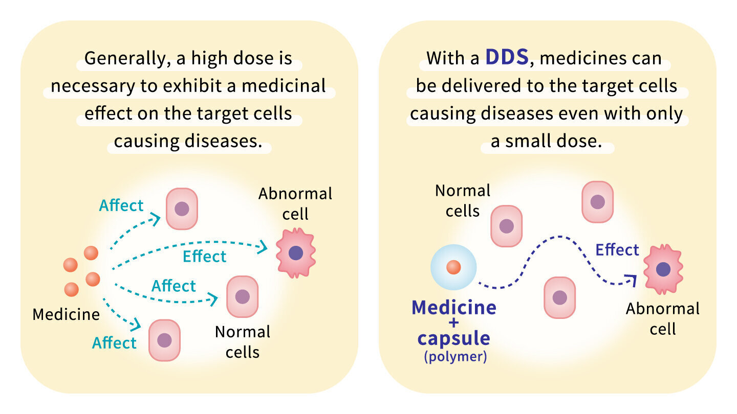 Generally, a high dose is necessary to exhibit a medicinal effect on the target cells causing diseases.With a DDS, medicines can be delivered to the target cells causeing diseases even with only a small dose.