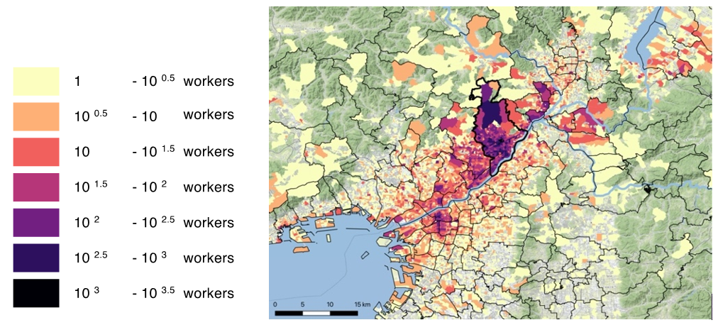 図2 大阪府高槻市の就業者の従業地分布の例