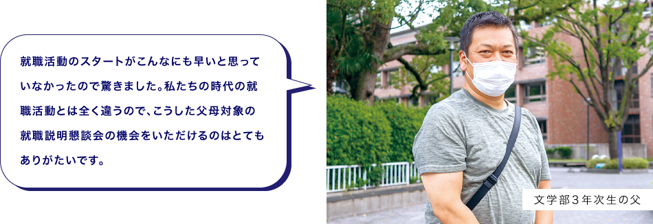 文学部３年次生の父　就職活動のスタートがこんなにも早いと思っていなかったので驚きました。私たちの時代の就職活動とは全く違うので、こうした父母対象の就職説明懇談会の機会をいただけるのはとてもありがたいです。