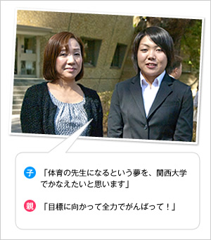 子：「体育の先生になるという夢を、関西大学でかなえたいと思います」
親：「目標に向かって全力でがんばって！」