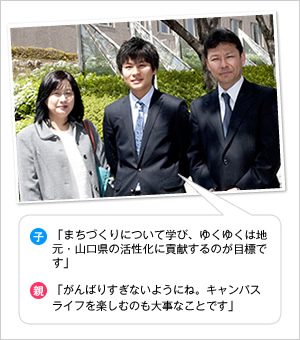 子：「まちづくりについて学び、ゆくゆくは地元・山口県の活性化に貢献するのが目標です」
親：「がんばりすぎないようにね。キャンパスライフを楽しむのも大事なことです」