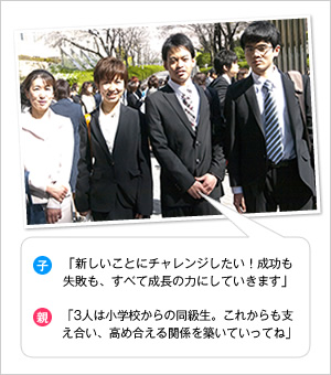 子：「新しいことにチャレンジしたい！成功も失敗も、すべて成長の力にしていきます」
親：「3人は小学校からの同級生。これからも支え合い、高め合える関係を築いていってね」