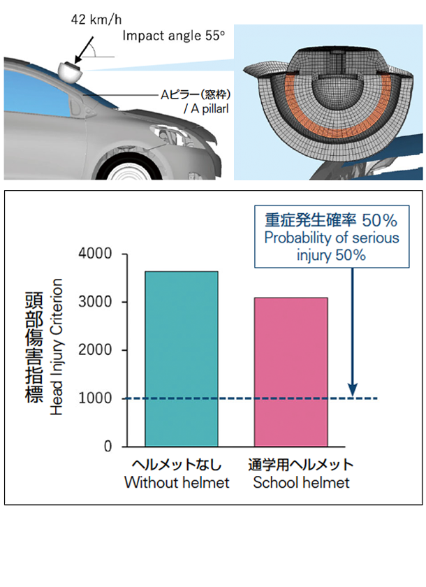 自動車対自転車事故を想定した頭部衝撃試験。ヘルメットによる頭部傷害軽減を検証